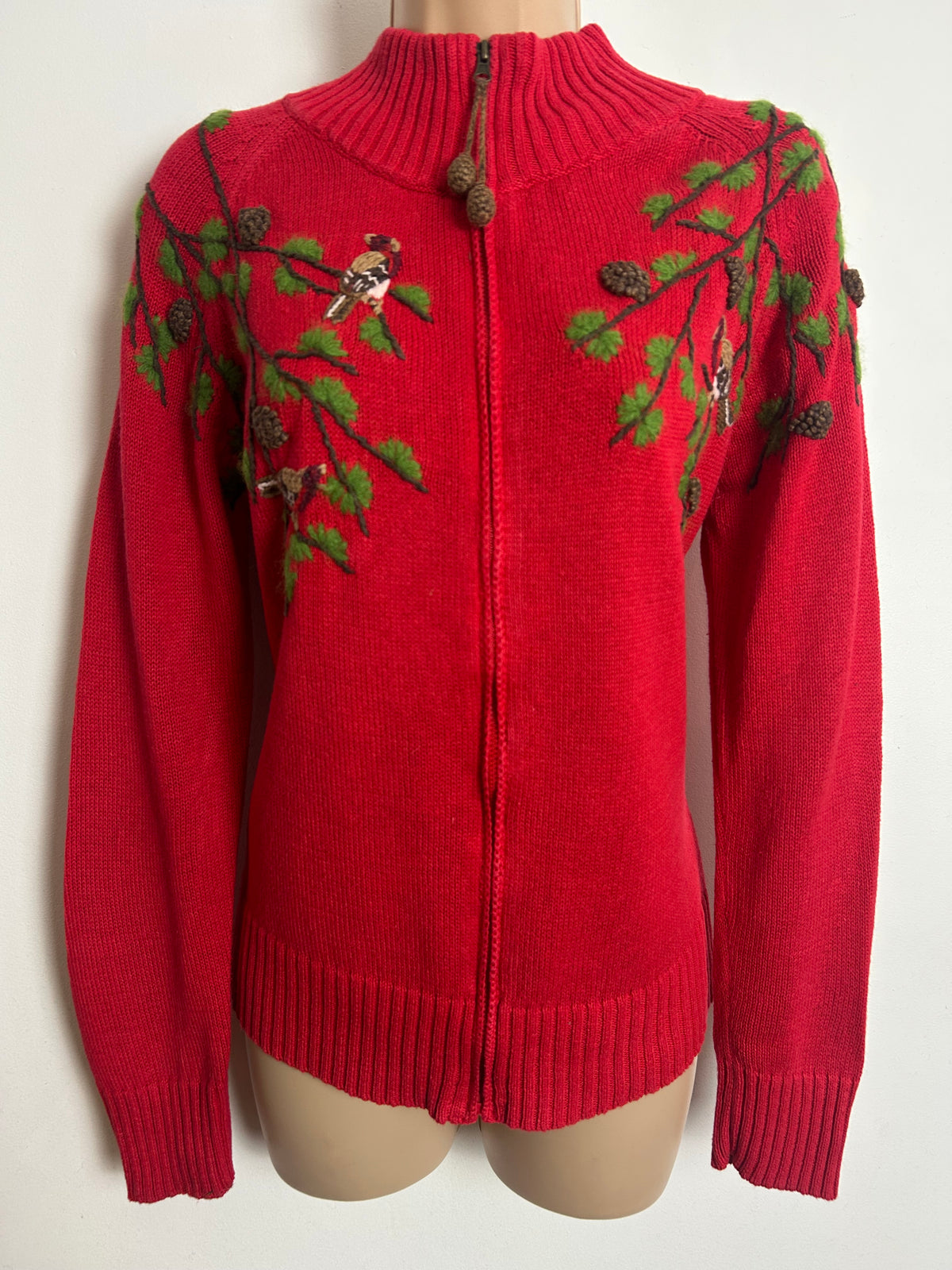 Vintage COLDWATER CREEK Size M Up To 12 Red Cotton Mid Embroidered Bird Woodland Cardigan