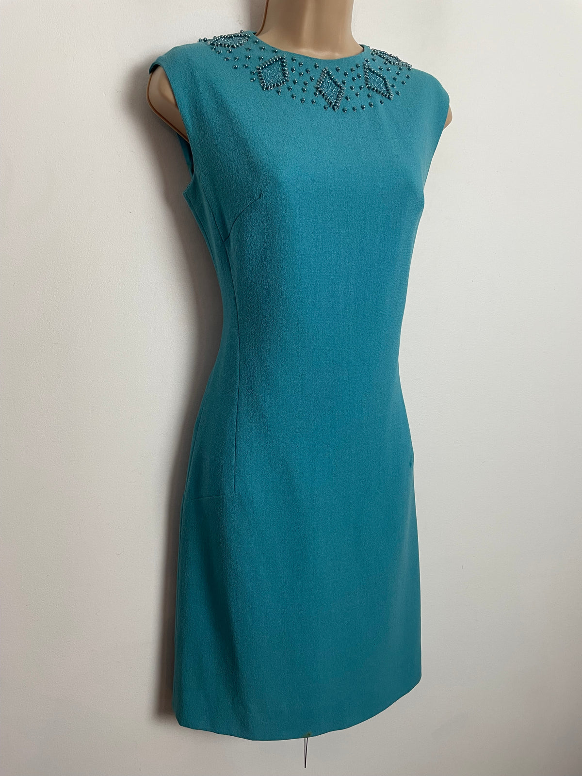 Vintage 1960s UK Size 10 Blue Bead Embellished Detail Mod Party Occasion Shift Dress