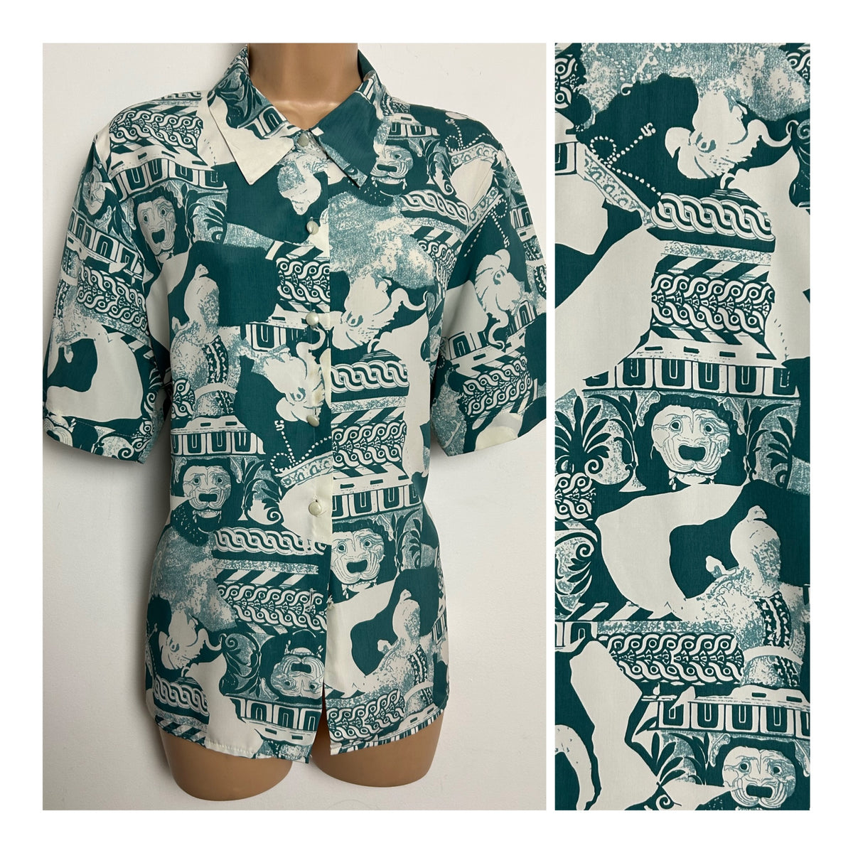 Vintage 1980s LEONELLA Size 14 Teal Green & White Abstract Print Long Sleeve Shirt