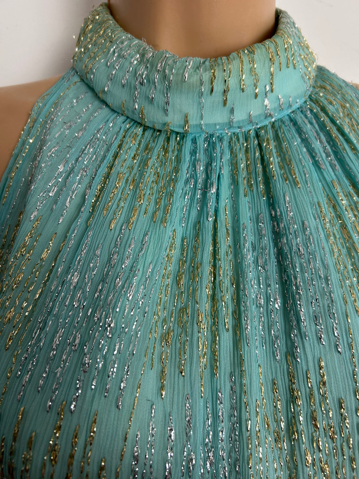 Vintage 1960s Size 8 Pale Duck Egg Blue Gold & Silver Thread Occasion Evening Maxi Dress