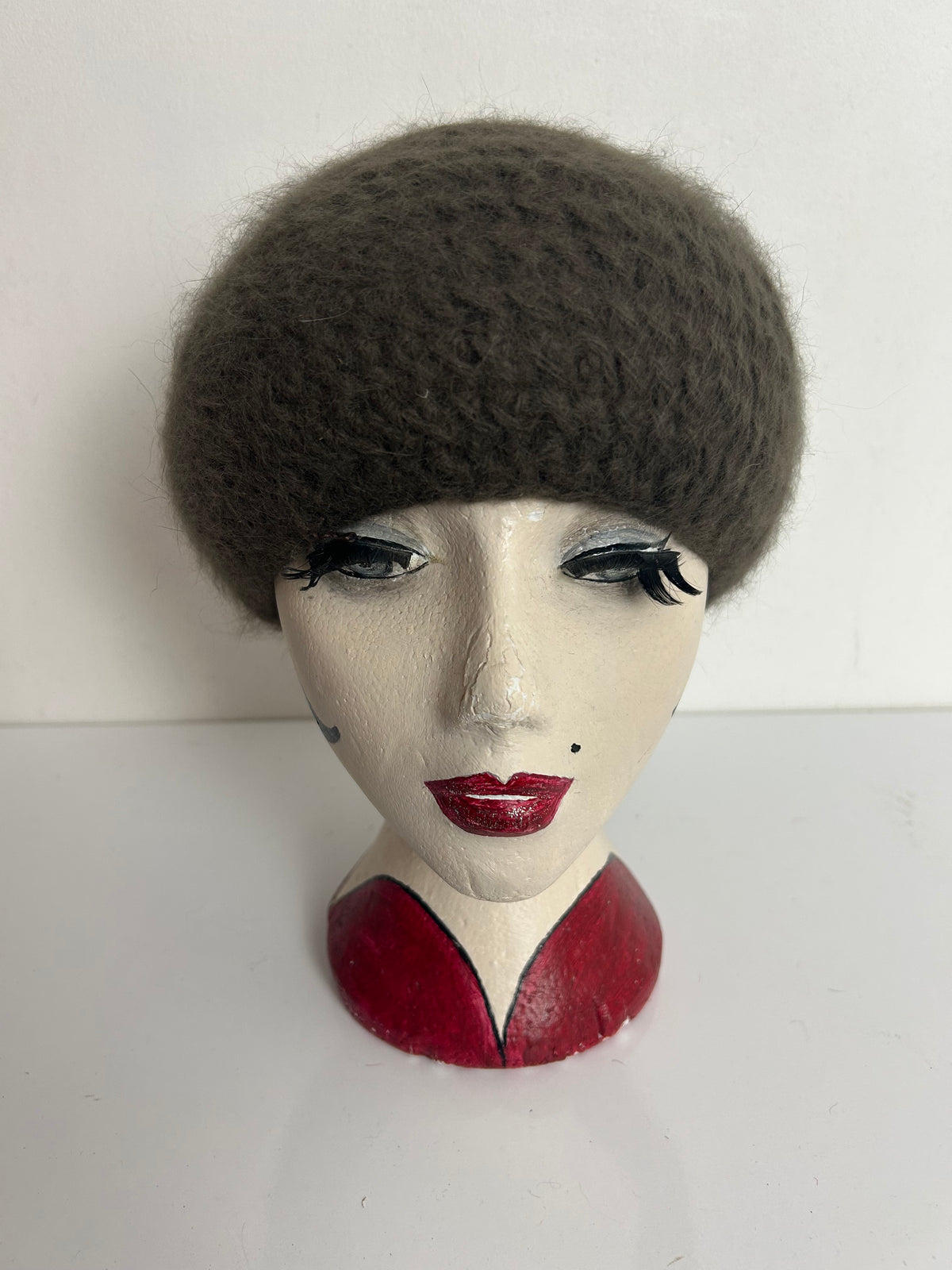 Vintage Khaki Army Green Chunky Knit Angora Mix Beanie Beret Style Hat