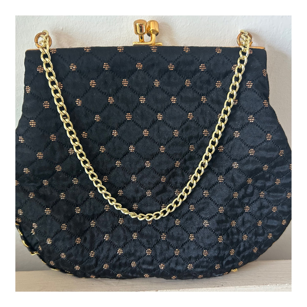 Vintage 1960s Small Black & Metallic Gold Satin Fabric Evening Bag With Chain Handle