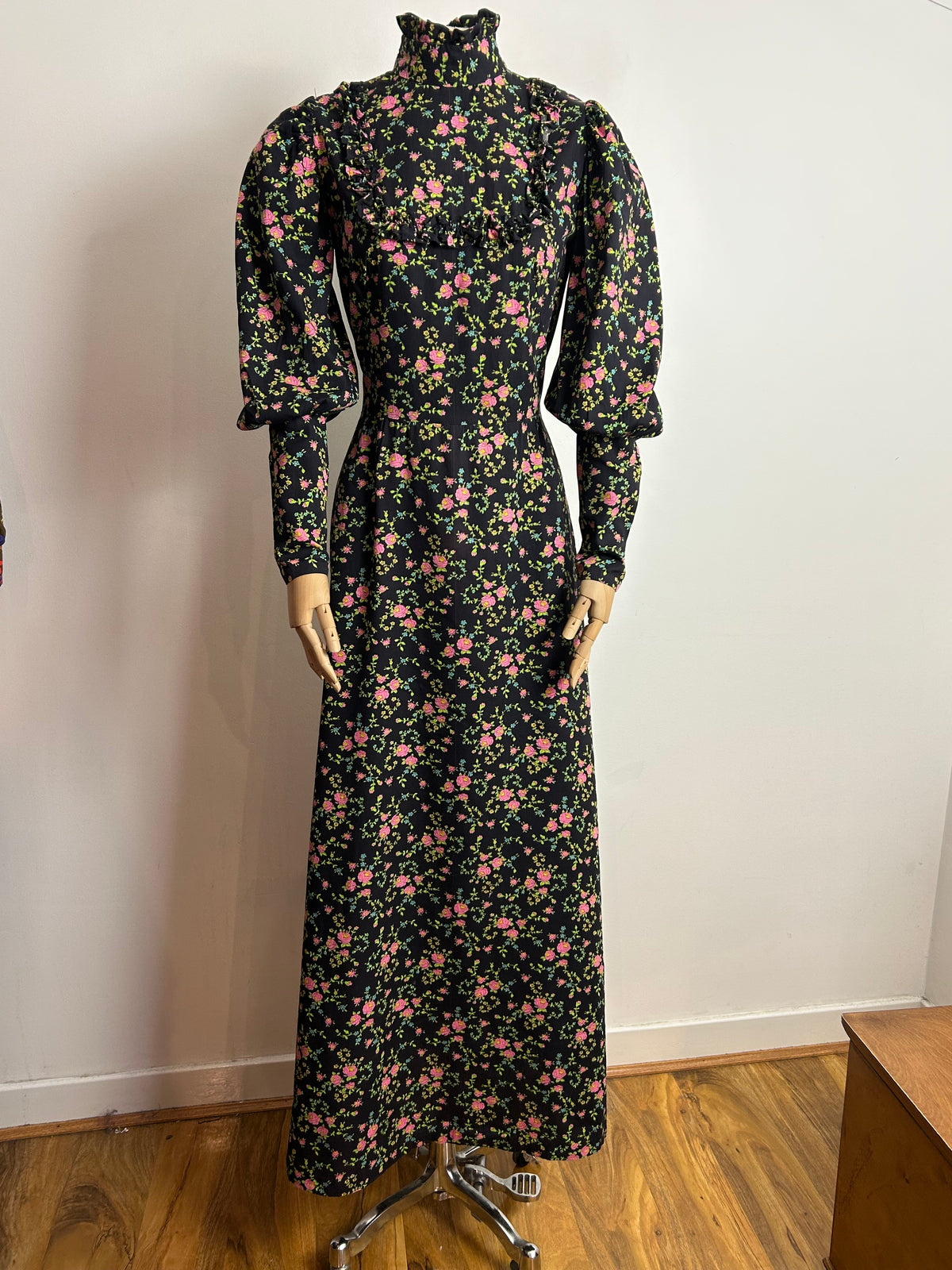 Vintage 1970s UK 10 Black Pink & Green Floral Print Ruffle Trim Long Sleeve Cotton Prairie Maxi Dress