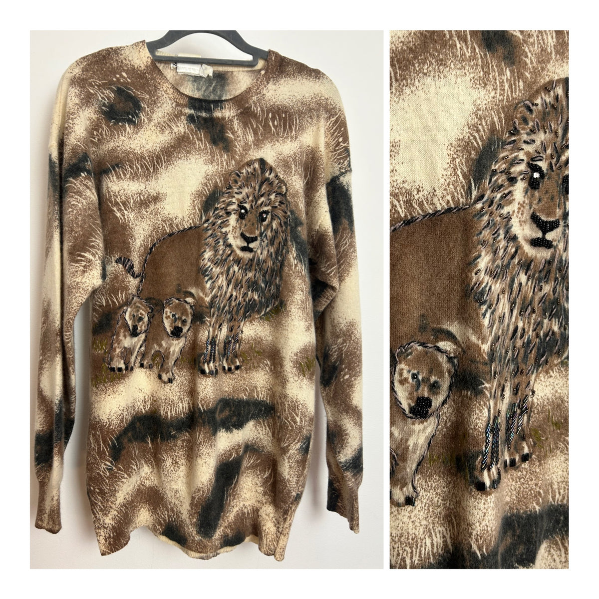 Vintage 1990s LA MONTE Italian Size M Brown Bead Applique Lion & Lion Cubs Lambswool Mix Jumper
