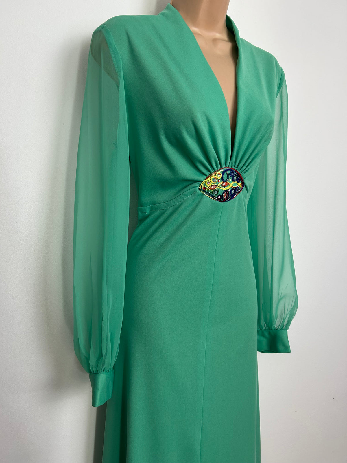 Vintage 1970s Size 12 Jade Green Long Chiffon Sleeves Occasion Maxi Dress