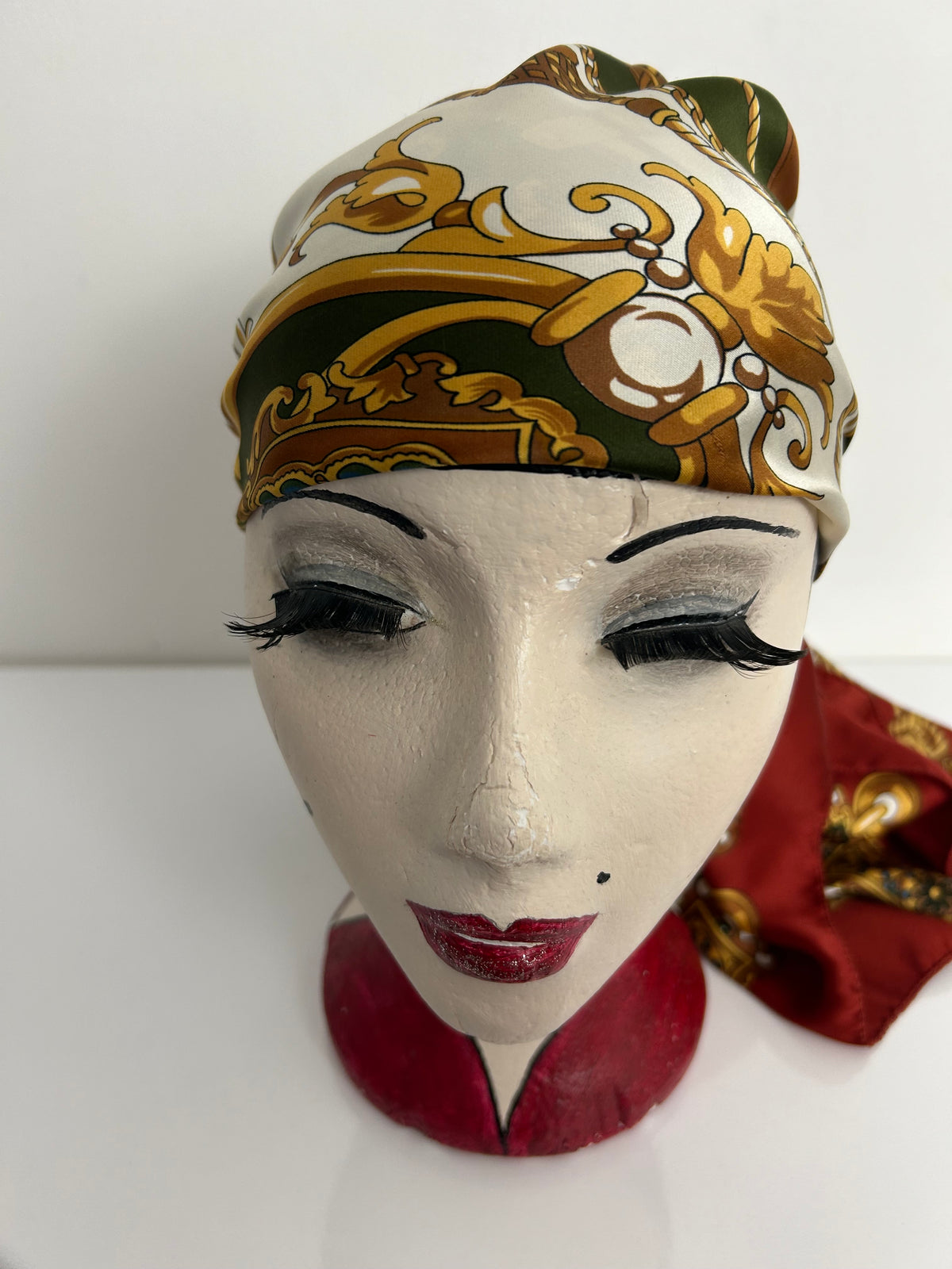 Vintage Rust Cream Brown & Green Baroque Nouveau Print Large Polyester Scarf 87cm x 87cm