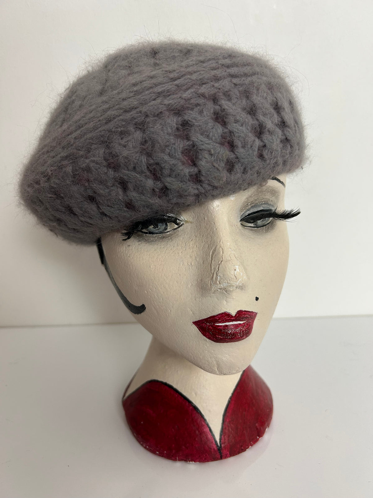 Vintage Dusky Pink Or Grey Angora & Wool Chunky Crochet Knit Reversible Beret/Beanie Style Hat