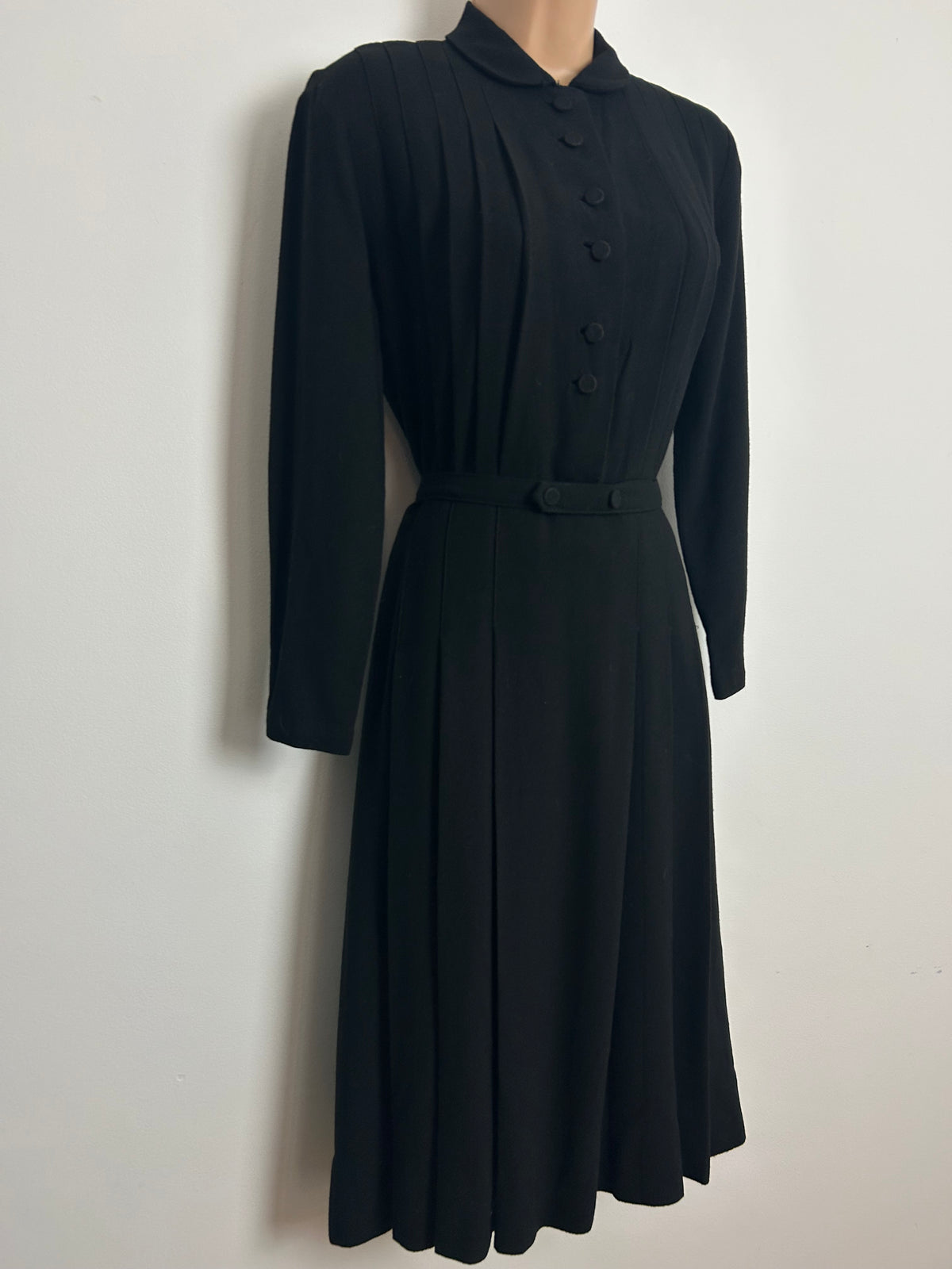 Vintage 1940s Size 12 Black Woven Rayon Pleated Belted Tea Day Dress