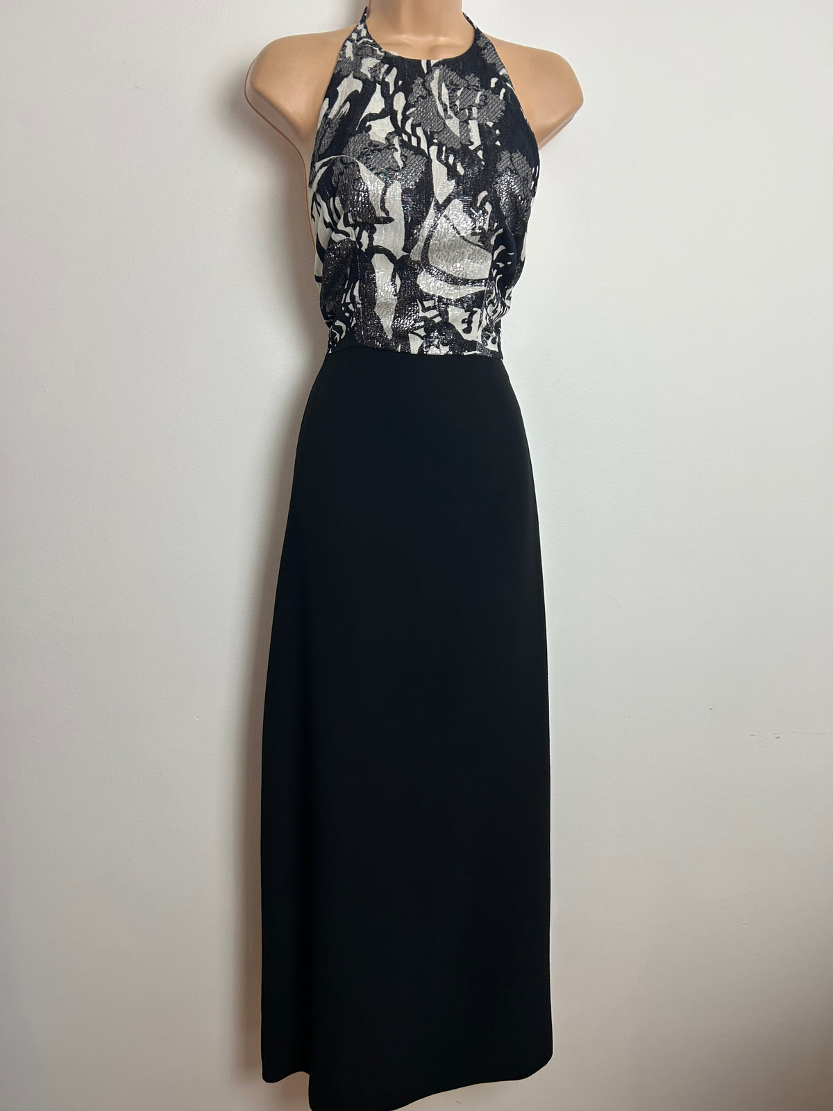 Vintage 1970s Size 8 Black & White Lurex Patterned Bodice Halter Occasion Maxi Dress