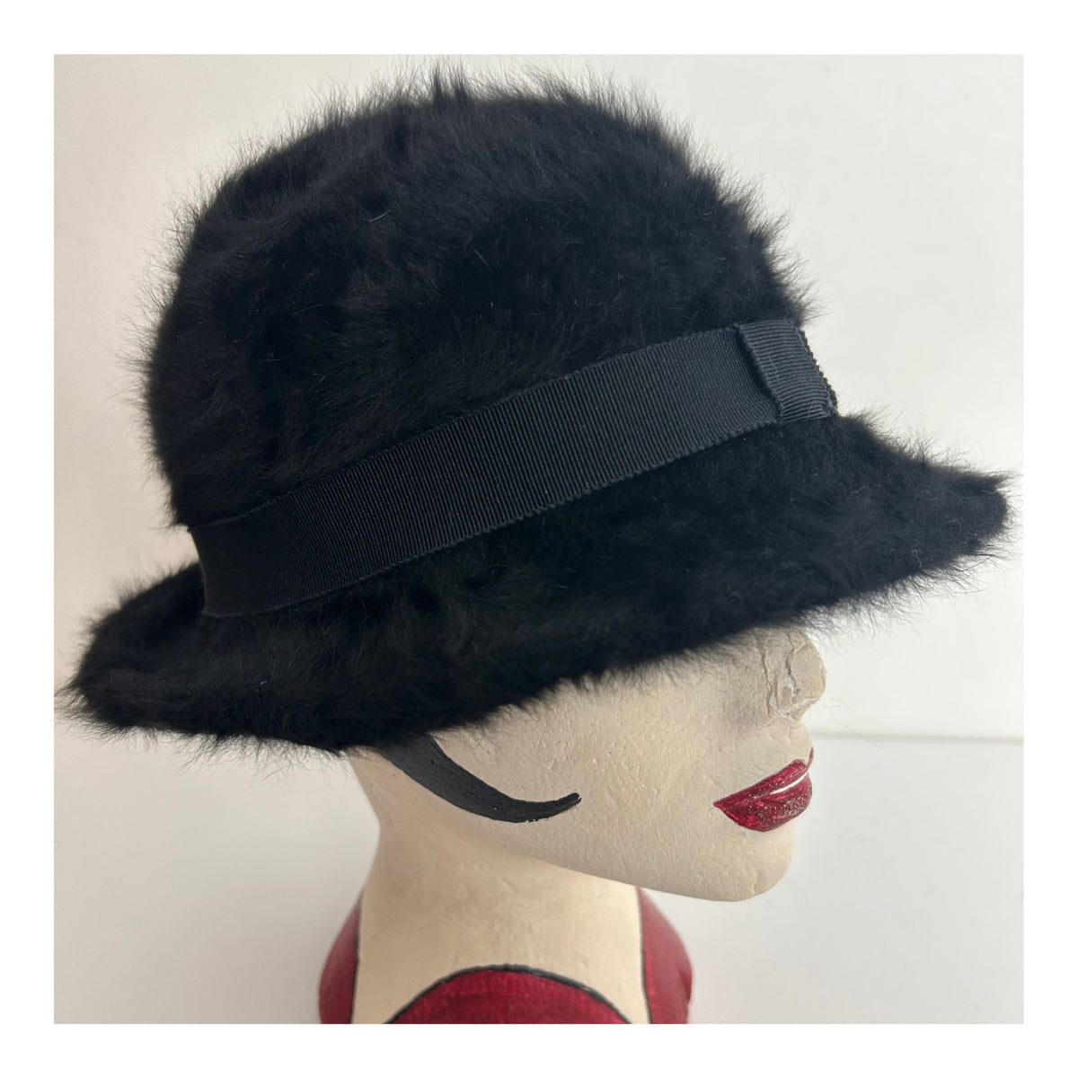 Vintage Black Angora Mix Bucket Style Hat With Grosgrain Trim
