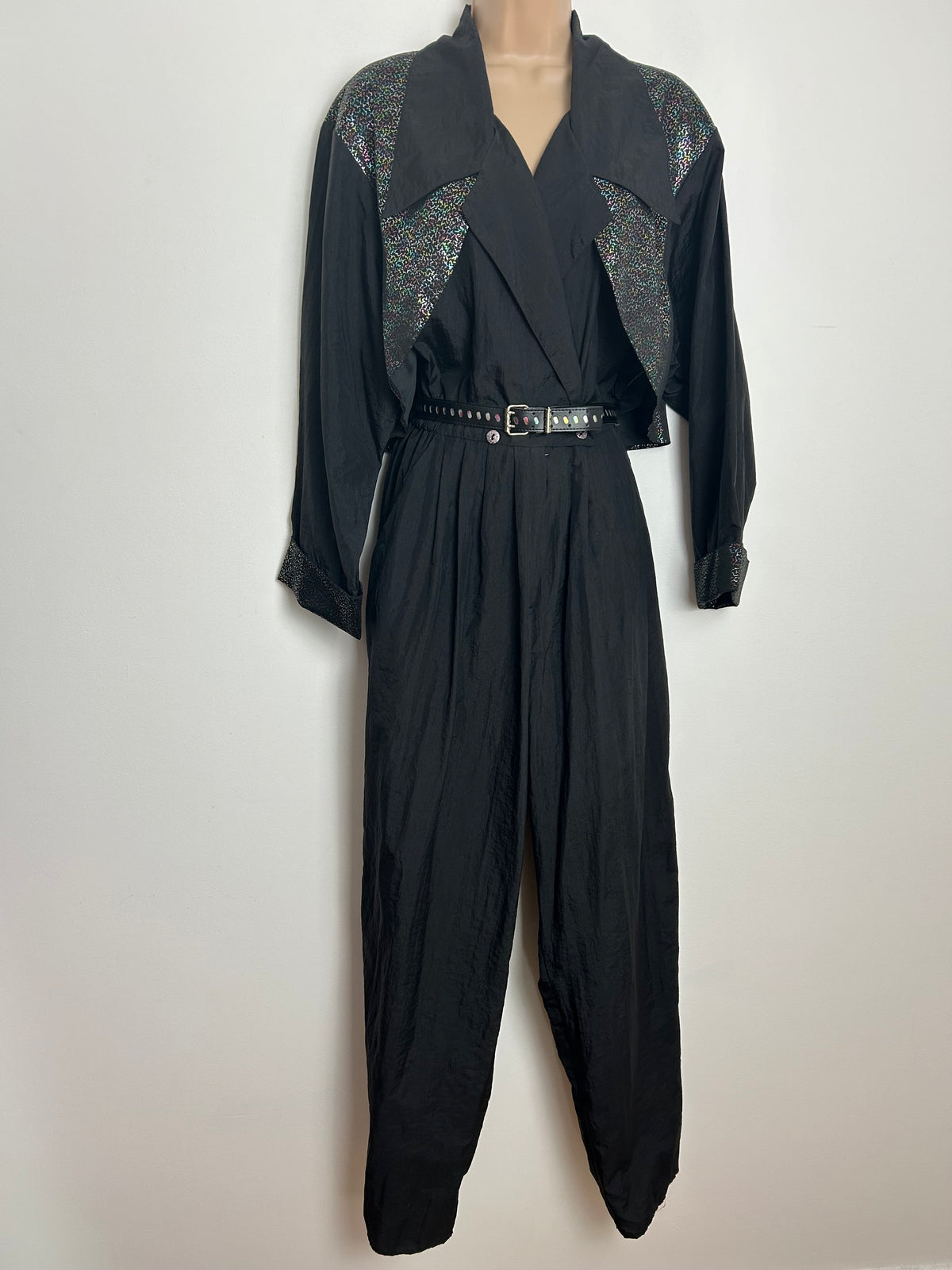 Vintage 1980s Size 12 Black & Metallic Multicolour Mock Waistcoat Style Belted Disco Jumpsuit