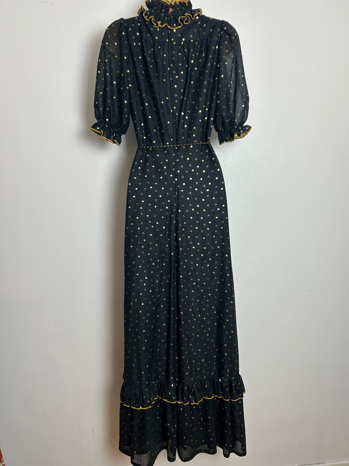 Vintage 1970s Size 10 Black & Metallic Gold Spot Print Belted Prairie Evening Maxi Dress