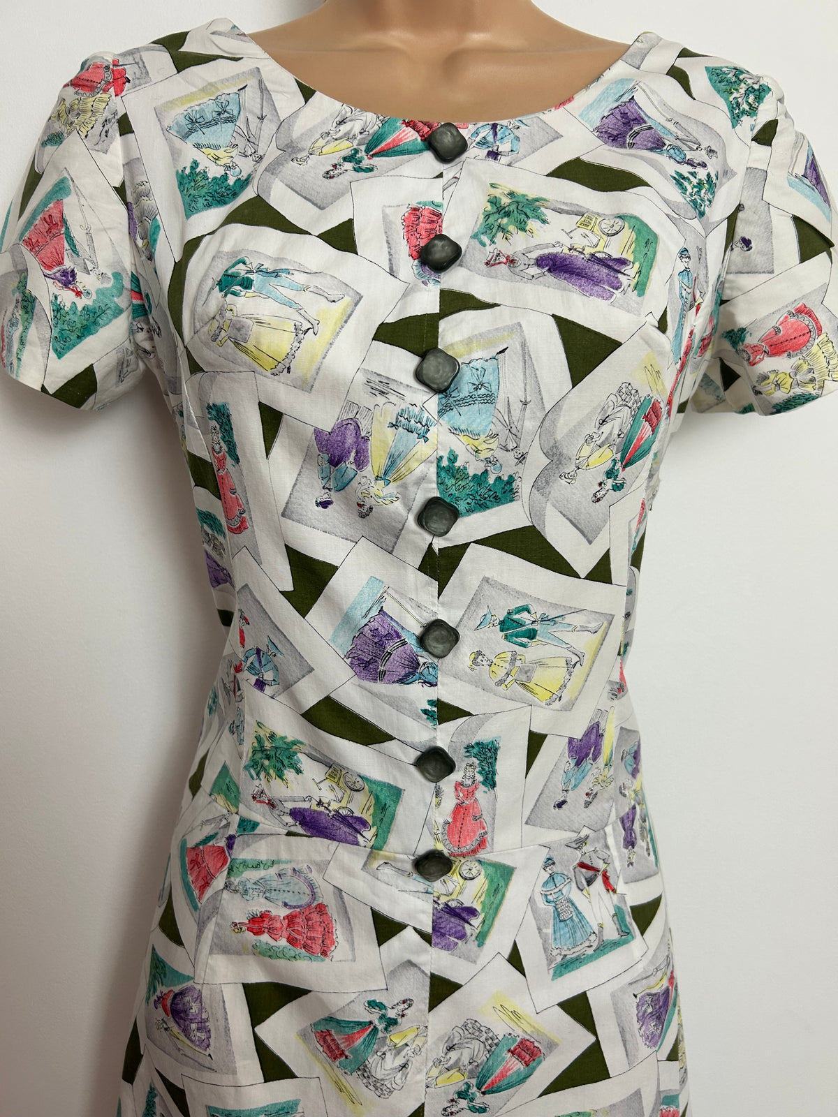 Vintage Late 1950s Size 10 White Fashion Scenes Postcard Novelty Print Cotton Summer Wiggle  Day Dress