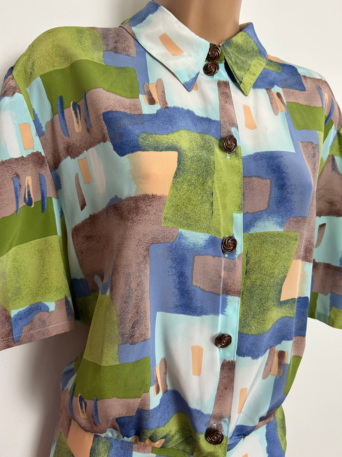 Vintage 1980s Size 16-18 Green Blue & Brown Abstract Print Peplum Waist Blouse