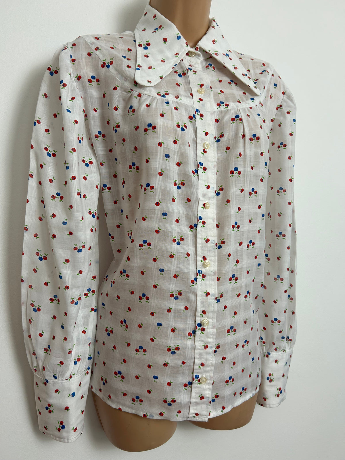 Vintage 1970s Size 14 White Red & Blue Apple Print Beagle Collar Cotton Shirt