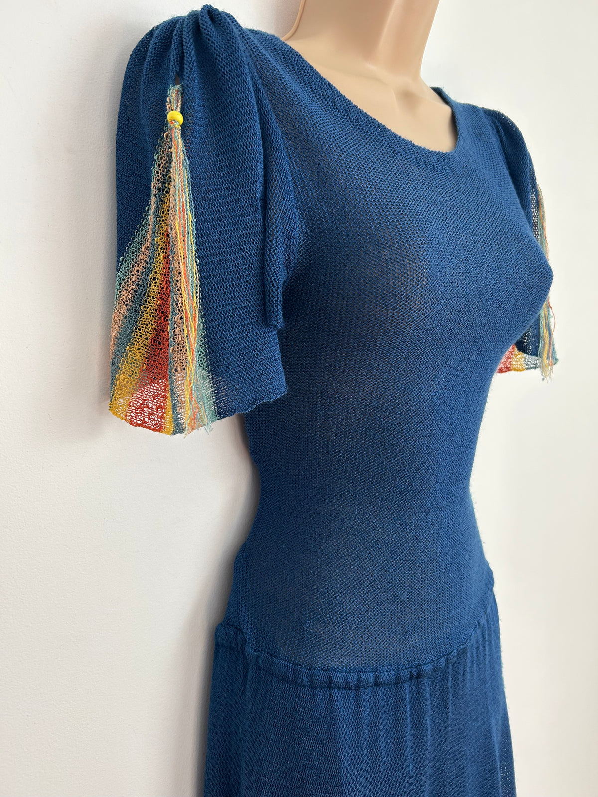 Vintage 1980s Size 8 Dark Blue Multicolour Stripe & Tassel Panels Knitted Midi Dress
