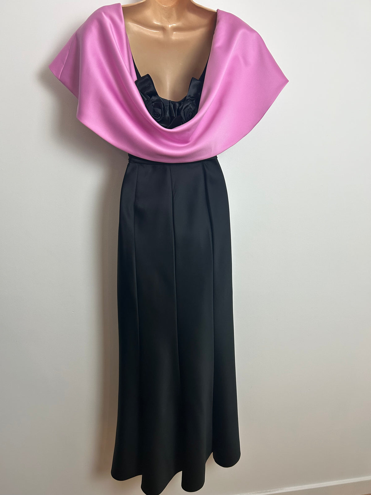 Vintage 1980s FRANK USHER Size 14 Black & Pink Low Back Shawl Collar Cocktail Gown