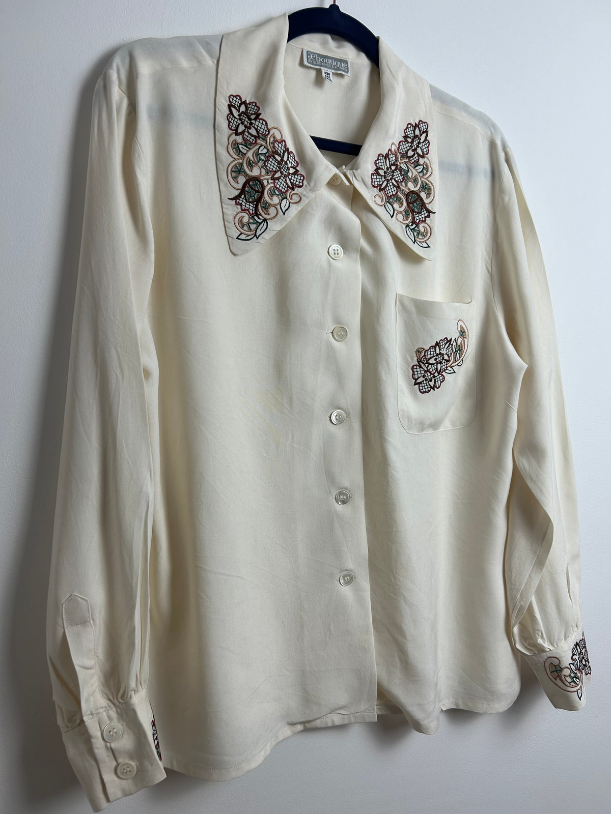 Vintage 1980s ELEGANCE PARIS Size 12 Cream 100% Silk Embroidered Detail Long Sleeve Blouse