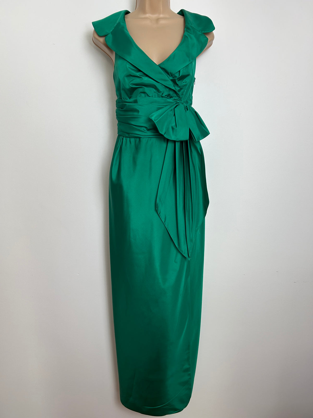 Vintage 1980s FRANK USHER Size 10/12 Emerald Green Shawl Collar Bow Detail Cocktail Dress