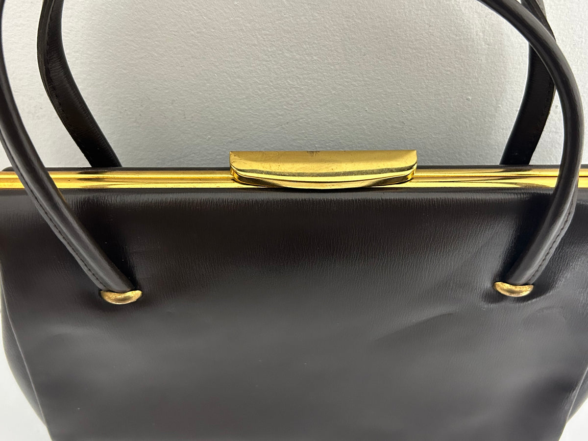 Vintage 1950s Matt Brown Leather Kelly Handbag With Gold Tone Frame