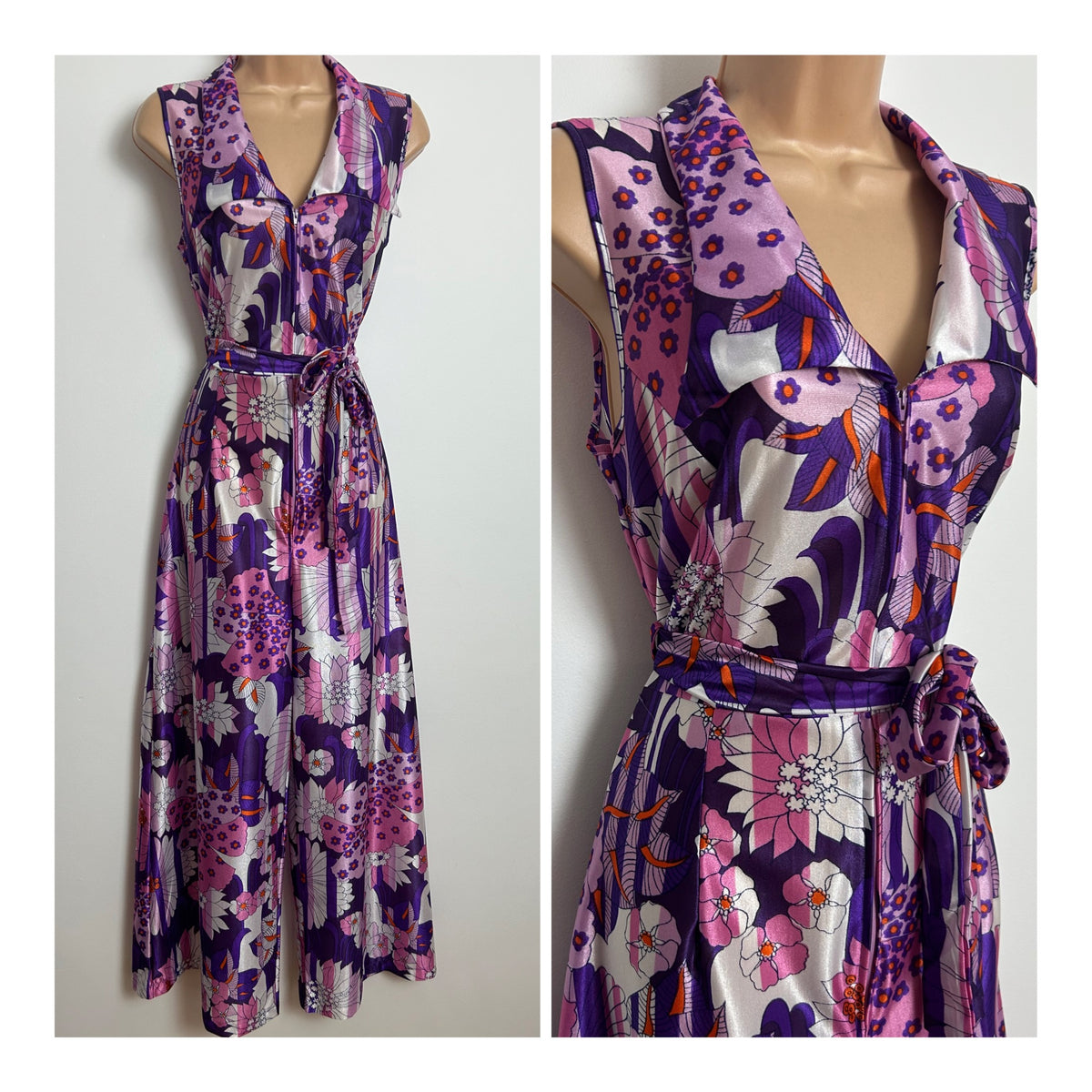 Vintage Early 1970s PIPPA DEE Size 10 Purple & Pink Tones Psychedelic Wide Leg Belted Jumpsuit