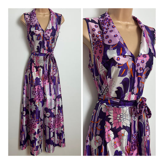 Vintage Early 1970s PIPPA DEE Size 10 Purple & Pink Tones Psychedelic Wide Leg Belted Jumpsuit