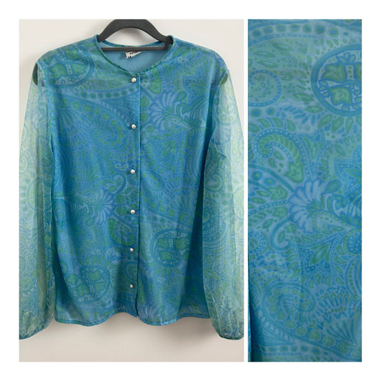 Vintage 1960s 1970s ST MICHAEL Size 12-14 Blue  Nylon Long Sleeve Blouse With Neck Scarf