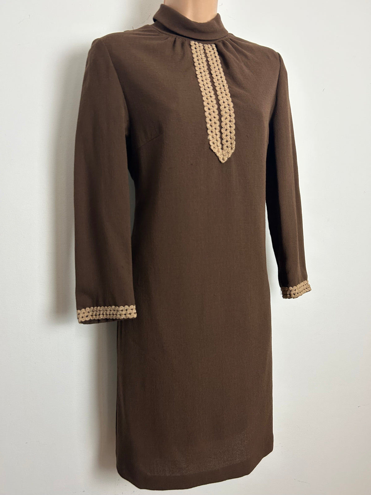 Vintage 1960s HAUTE COUTURE MODELL Size 10 Brown Wool Mix Braid Trim Mod Shift Dress