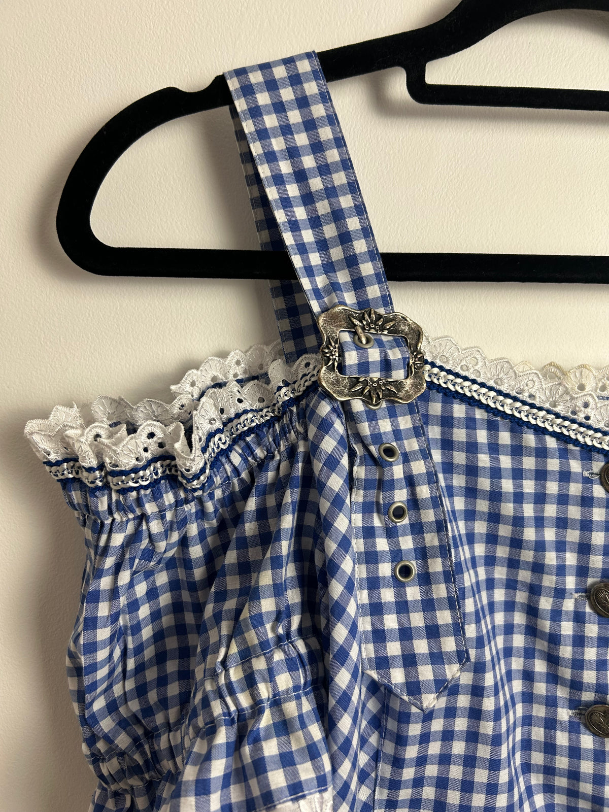 Vintage 1980s LANDHAUS @ C&A Size 14 Blue & White Gingham Check Cold Shoulder Cotton Mix Dirndl Folk Top