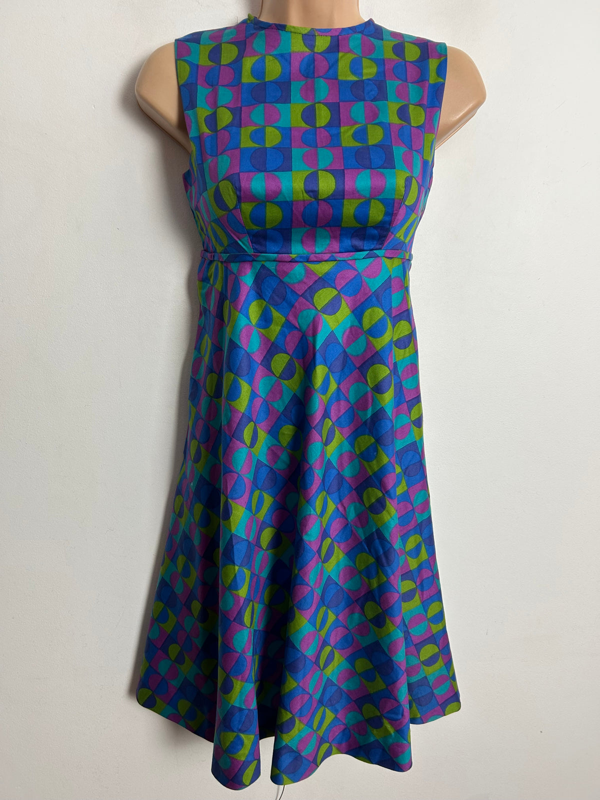 Vintage 1960s UK Size 6-8 Blue Pink Green & Turquoise Square & Circle Print Empire Line Short Mod Shift Dress