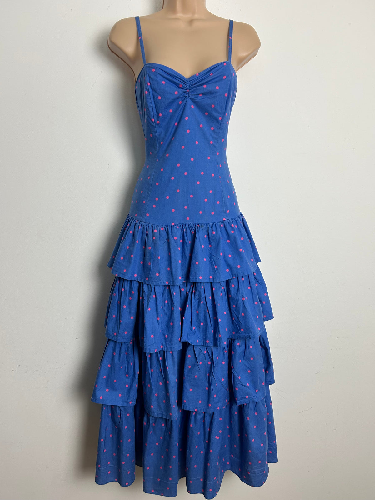 Vintage 1980s LAURA ASHLEY Size 8 (Size 12 On Label) Blue & Pink Polka Dot Print Layered Cotton Summer Dress