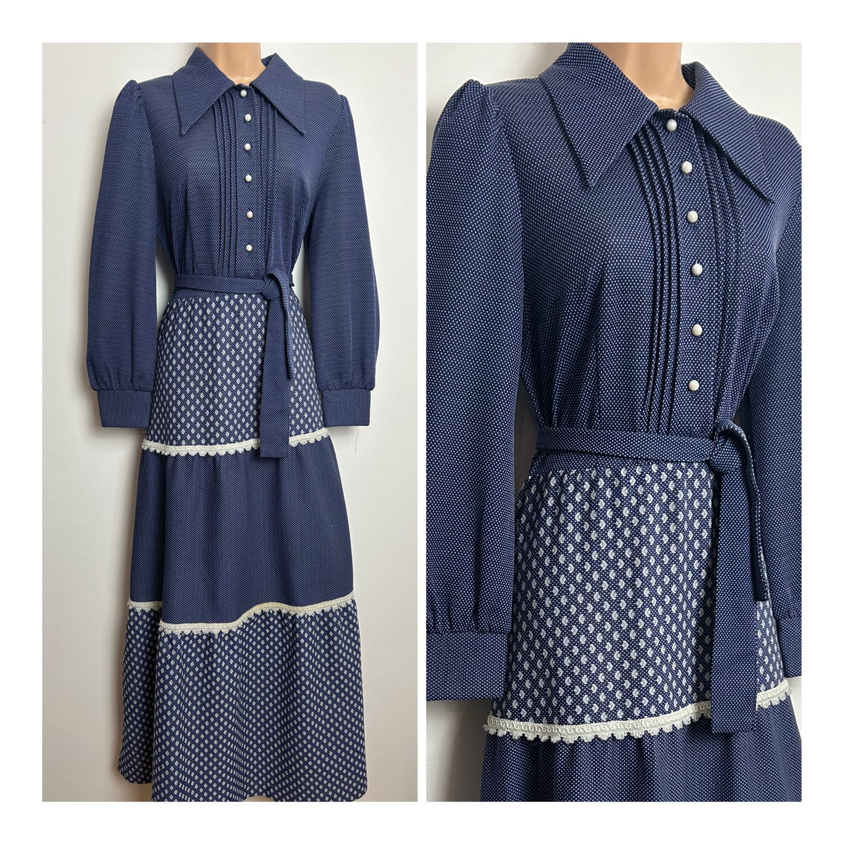 Vintage 1970s Size 12 Dark Blue Polka Dot & Abstract Print Dagger Collared Belted Tiered Maxi Dress