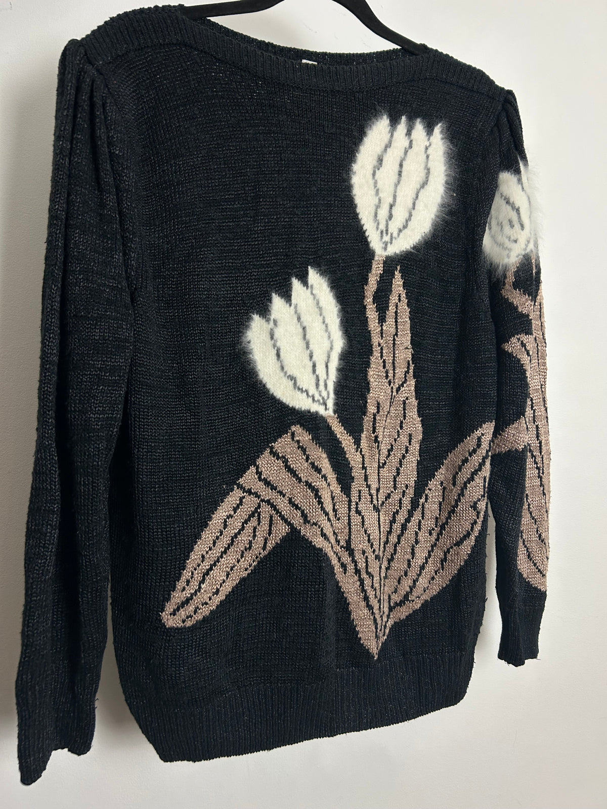 Vintage 1980s Up to Size 16 Black Brown & White Flower Pattern Long Sleeve Jumper