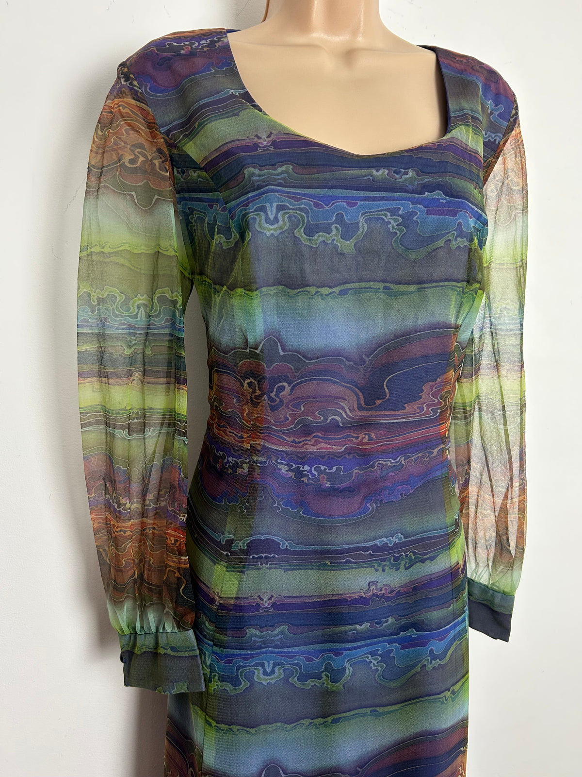 Vintage 1970s LINDA LEIGH Size 12 Blue Purple & Green Abstract Print Chiffon Long Sleeve Maxi Dress