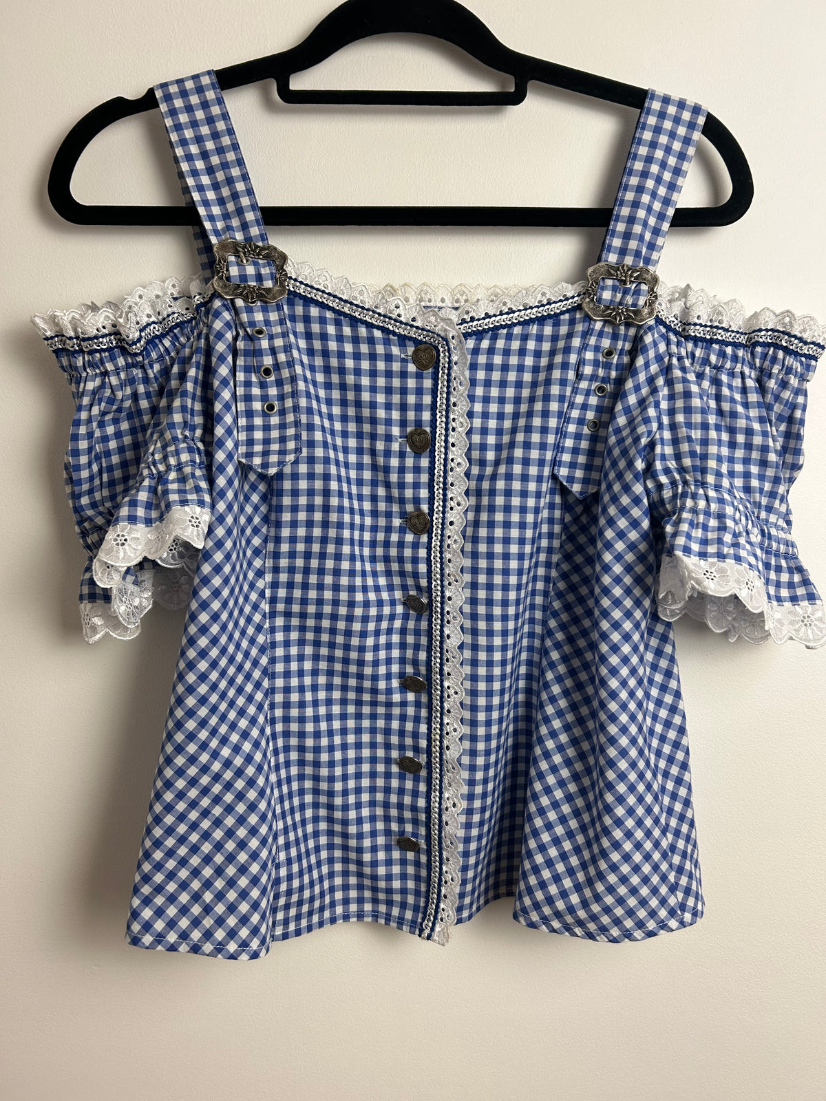 Vintage 1980s LANDHAUS @ C&A Size 14 Blue & White Gingham Check Cold Shoulder Cotton Mix Dirndl Folk Top
