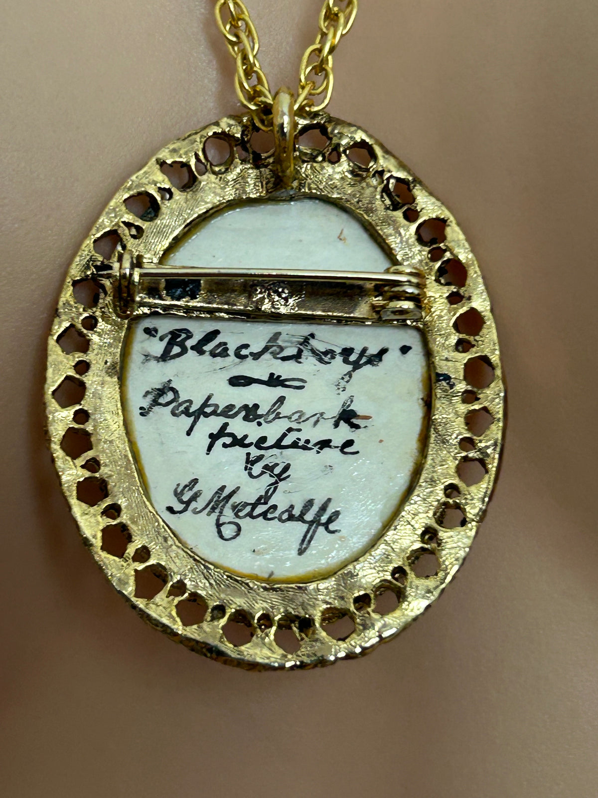 Vintage 1950s RARE Handcrafted Australian Paperbark Miniature Picture Pendant & Necklace By G. Metcalfe
