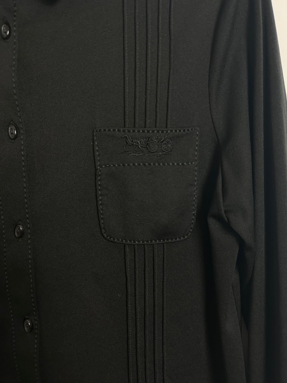 Vintage 1970s CANDA UK Size 12 Black Pintuck Pleated Long Sleeve Pocket Detail Shirt