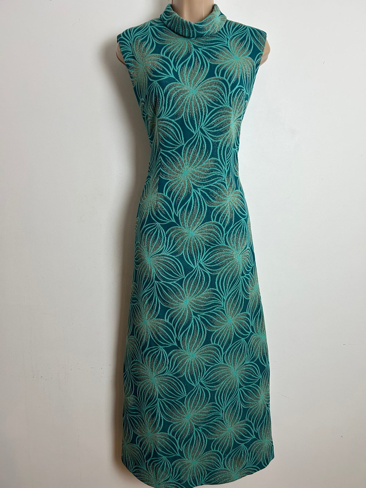 Vintage 1970s Size 8 Teal Turquoise & Gold Lurex Abstract Pattern Column Style Evening Maxi Dress