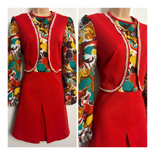 Vintage 1960s Size 10 Red Floral Contrast Mock Two Piece Mod Shift Dress