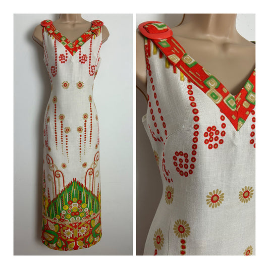 Vintage Late 1960s Size 10 White Orange & Green Abstract Print Orange Buckle Strap Column Mai Dress