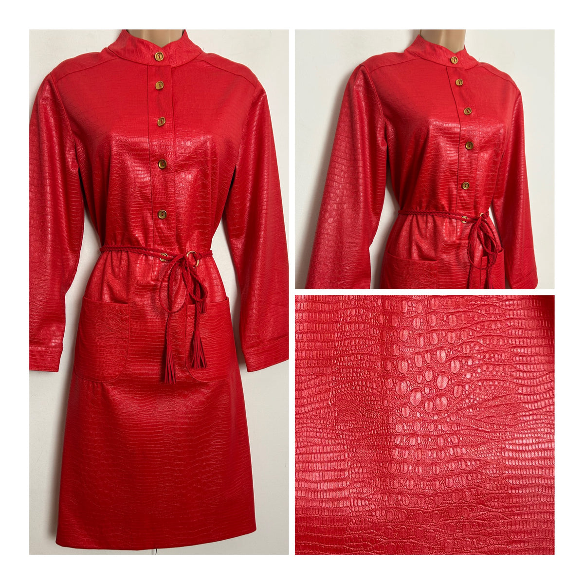 Vintage 1980s HANBURY LTD UK Size 10-12 Red Wet Look Reptile Print Long Sleeve Belted Day Dress