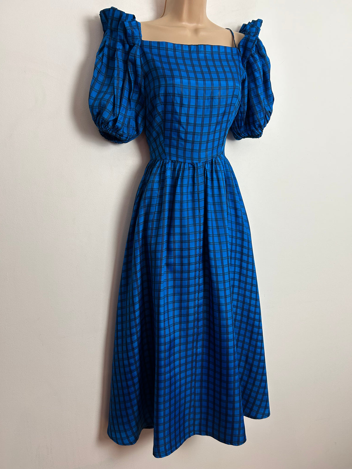 Vintage 1980s NICKI FERRARI UK Size 6 Blue & Black Check Print Pleated Shoulder Puff Sleeve Party Dress