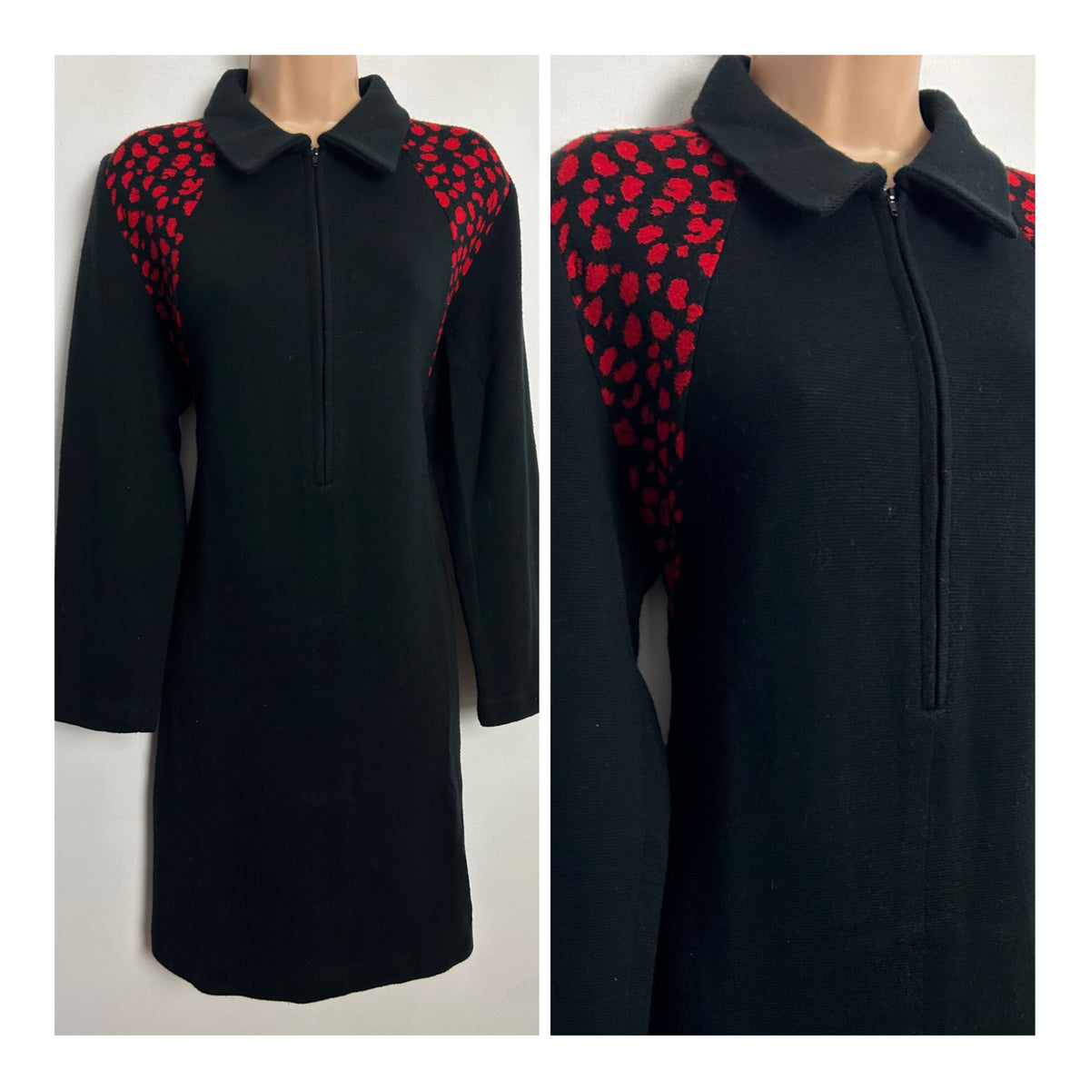 Vintage 1990s ITALIAN UK Size 12 Black & Red Animal Print Long Sleeve Jumper Dress