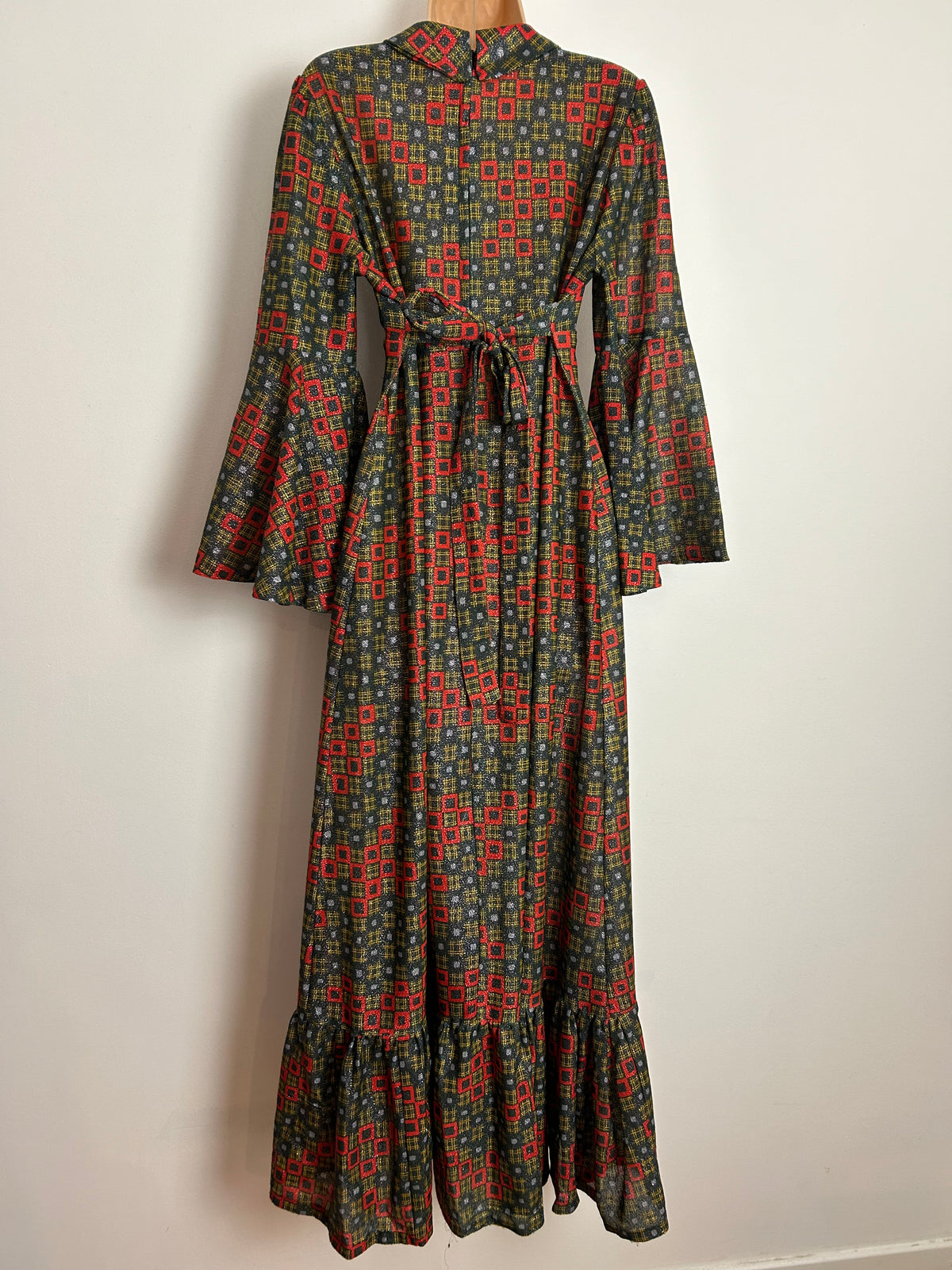 Vintage 1970s UK Size 14 Black Red Gold & Silver Lurex Geo Print Scarf Neck Tie Back Maxi Dress