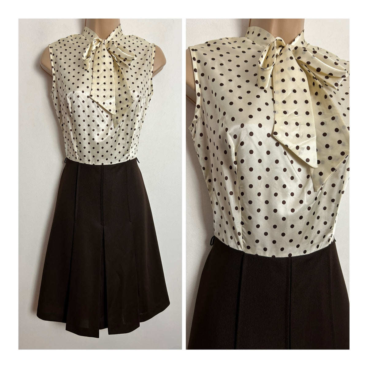 Vintage 1960s HAREM UK Size 8 Brown & Cream Polka Dot Print Sleeveless Pussy Bow Mod Dress