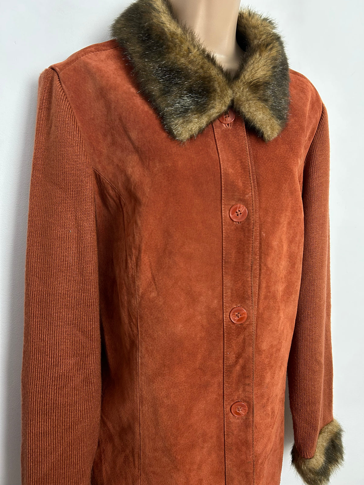 DENNIS BASSO UK Size L (14-16) Rusty Orange Genuine Suede & Wool Mix Faux Fur Trim Jacket