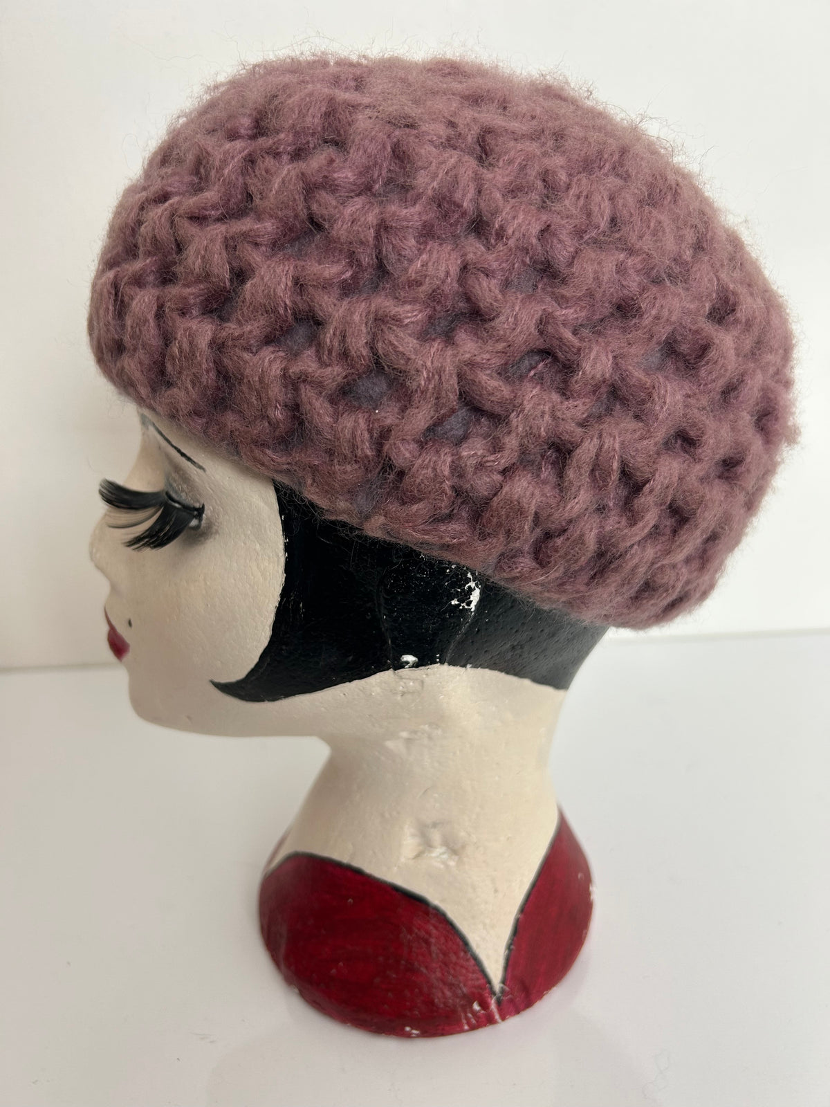 Vintage Dusky Pink Or Grey Angora & Wool Chunky Crochet Knit Reversible Beret/Beanie Style Hat