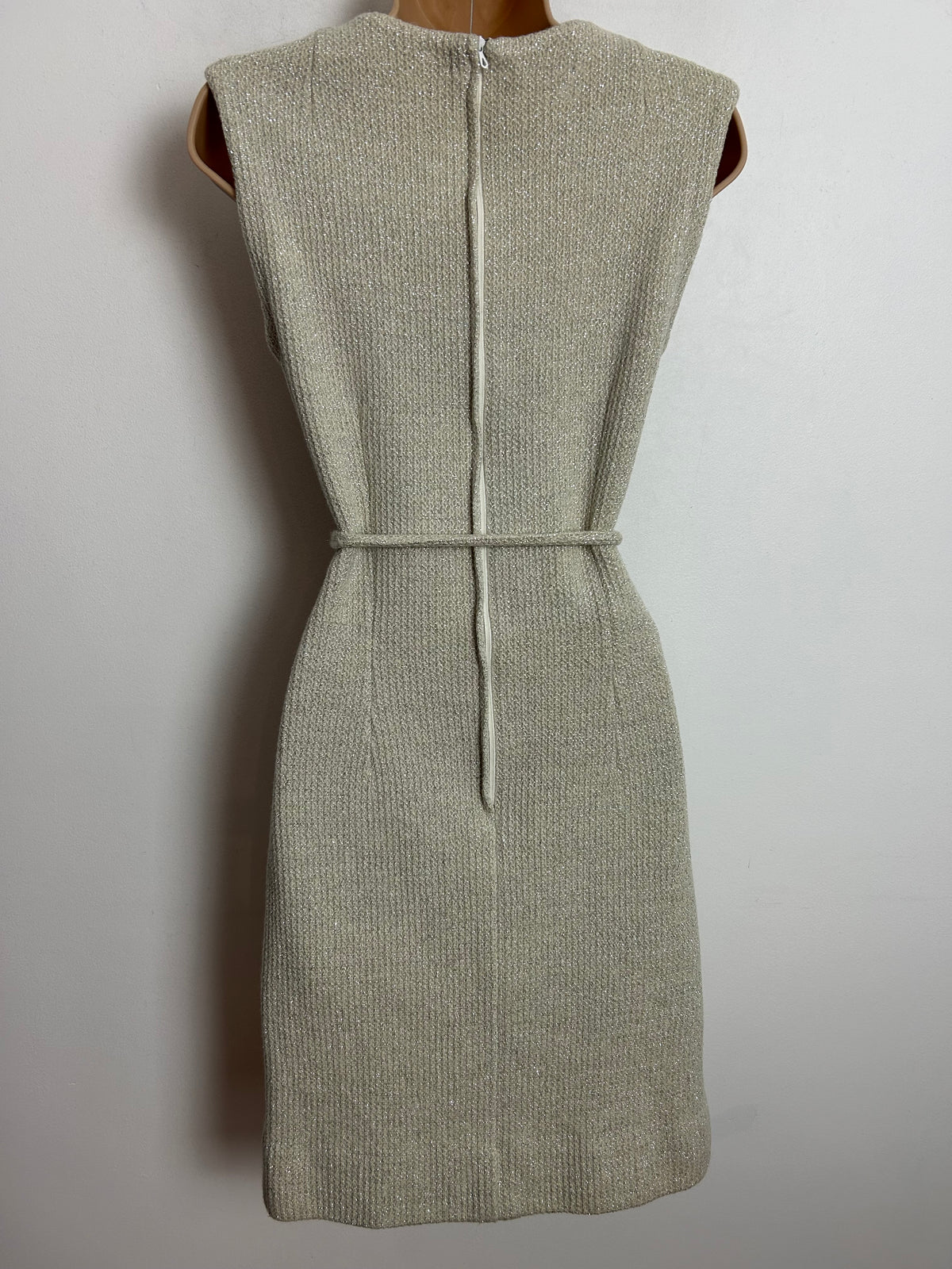 Vintage 1960s UK Size 6-8 Winter White & Silver Metallic Thread Belted Xmas Party Mod Dress