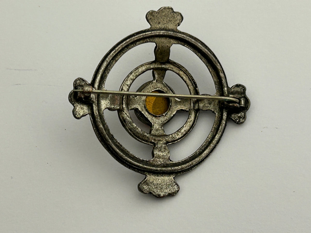 Vintage 1960s Silver Tone Scottish Celtic Shield Style Pin Brooch With Foil Backed Amber Glass Bead