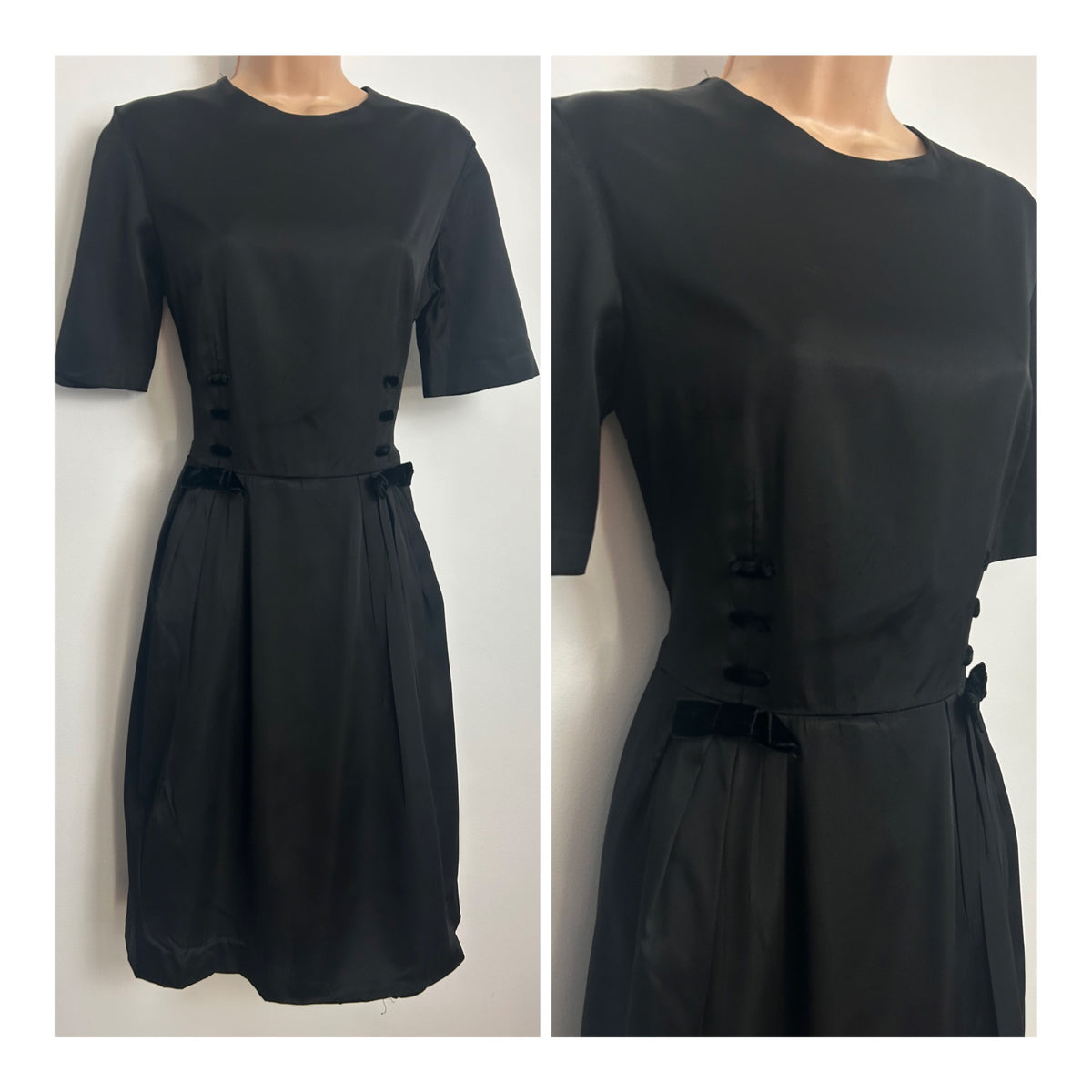 Vintage Early 1960s Size 10 Black Satin Velvet Trim & Bow Detail Pleated Mod Dress